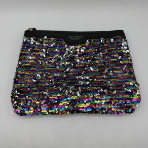 Victoria's Secret Rainbow Sequin Wristlet Zip Pouch Black Faux Leather Y2K Style